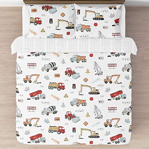 Image of Sweet Jojo Designs Construction Truck Boy Full /Queen Size Kid Childrens Bedding Comforter Set - 3 Pieces - Grey Yellow Orange Red and Blue Transportation Chevron Arrow