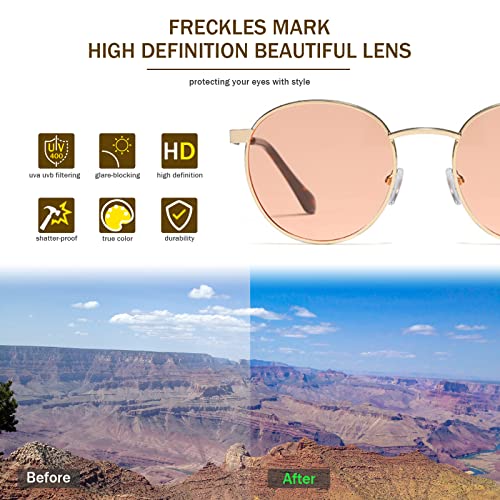 Freckles Mark 60S Vintage Retro Lennon's Round Sunglasses For Women Men Gold Metal Small Circle Hippie Glasses (Gold/Tinted Rose Orange, 51) #TOP4