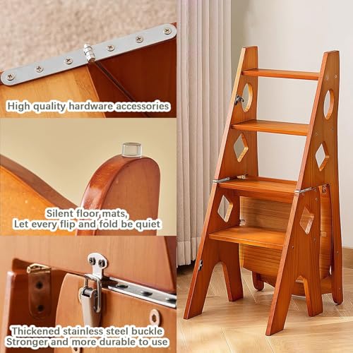 Taburete de escalera de madera con 4 peldaños plegable y estantería multifunción 5