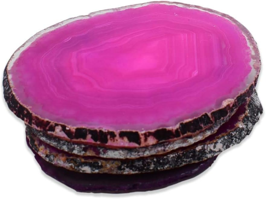 Nature's Decorations Pink Agate Stone Coasters - Set of 4, Polished Geode Drink Mats for Dining & Coffee Table & Kitchen Geode Decor Non-Toxic 3.5-4" Diameter