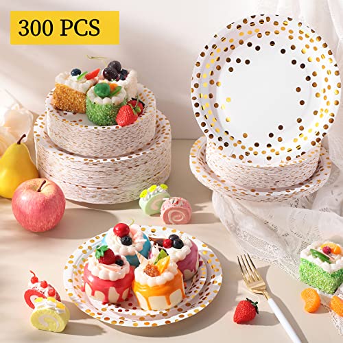 Irenare 300 Pcs Round Disposable Paper Plates 7 Inch 9 Inch Golden Dots Paper Plates Party Plates Foil Polka Dots Dessert Plates Disposable Birthday Plates For Party Holiday (White, Gold Polka Dot) #TOP3