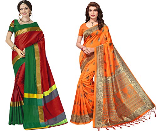 Image of ANNI DESIGNER Cotton Saree with Blouse Piece (Pack of 2) (Combo Pink Bluen - orange khamba Red Green & Orange Free Size)