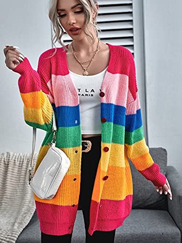 Floerns Women's Rainbow Striped Print Button Front Long Sleeve Cardigan Sweater3