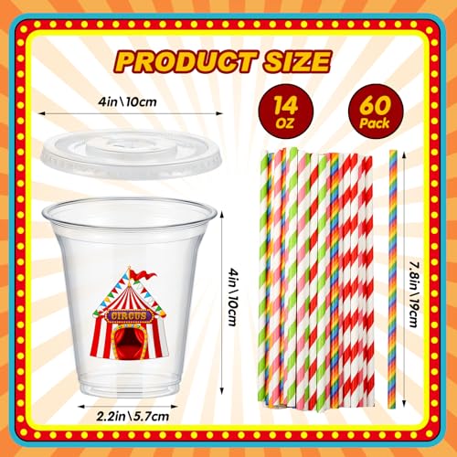 FoldTier 60 Set Circus Carnival Party Plastic Cups Bulk 14 oz Disposable Clear Cups with Lids and Paper Straws for Circus Carnival Theme Party Birthday Supplies Favor Decorations - Image 2