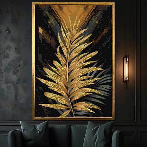 Tableau sur toile feuille de palmier dorée 60x90cm impression décoration noir et or