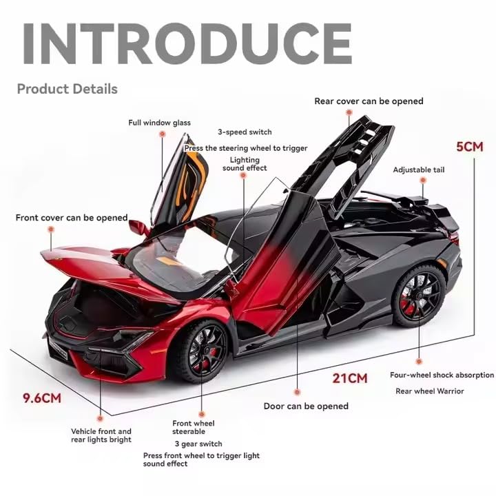 Image of Invite Enterprise 1:24 Lamborghini Revuelto Diecast Metal Pull Back Car - 4 Openable Doors with Sound & Light | Perfect Toy Decoration & Gift for Kids【Red-Color】
