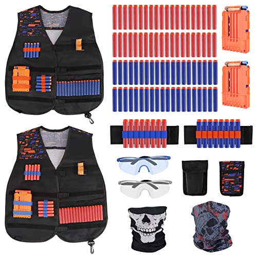 oyhoop 92 peças Colete tático para pistolas Nerf N-Strike Elite, 2 colete tático 2 boné de camuflagem 2 pulseira 2 óculos de proteção 2 Scarf Mask 2 clipes rápidos, 80 bala suave.