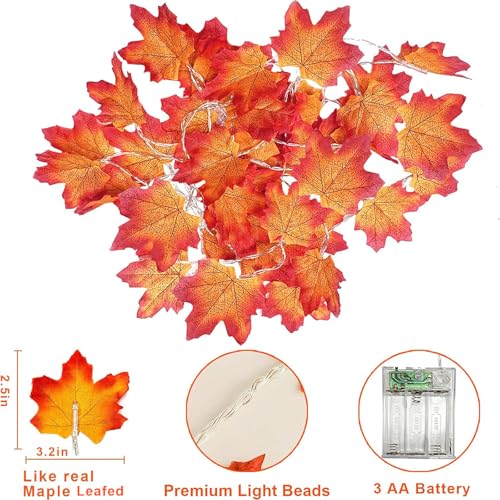 Image of 4 Pack Fall Decor Fall Garland with Lights Fall Decorations for Home, Total 40Ft 80LED Enlarged Maples Leaves Fall Lights Battery Operated Autumn Halloween Thanksgiving Decor Indoor Outdoor Christmas