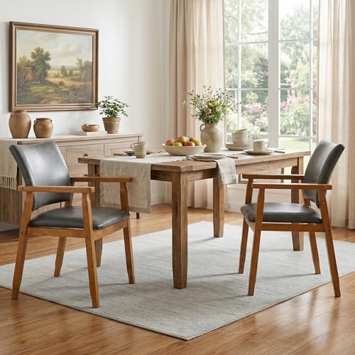Image of NOBPEINT Mid-Century Modern Dining Chairs with Armrest Set of 2, PU Leather Upholstered Dining Room Chairs with Solid Wood Frame, Walnut Kitchen Armchairs for Kitchen Living Room Restaurant, Grey