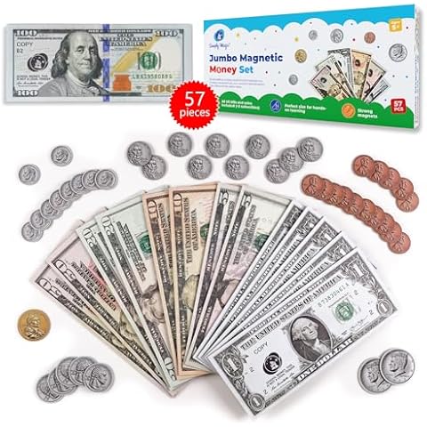 Simply magic 57 PCS Jumbo Magnetic Money - Large Play Money for Kids for Learning, Pretend Money for Classroom Teaching, Toy Money Class Money Set, Magnetic Coins, Money Games, Money Manipulatives Cover