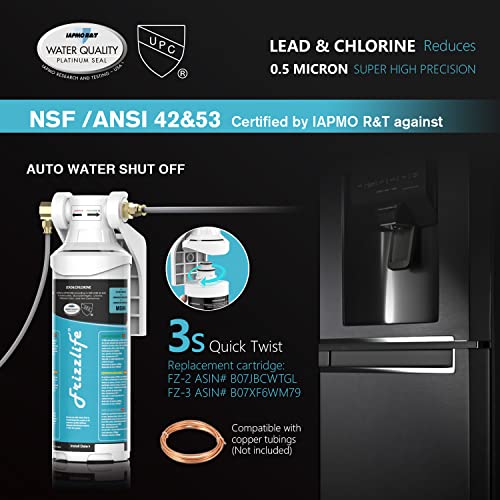 Image of Frizzlife Inline Water Filter System for Fridge, Ice Maker, Under Sink, Certified 0.5 Micron Reduces Chlorine, Lead, Long Lasting, Compression Brass Fittings Fits for Copper Tubing, MS99