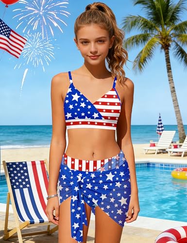 Image of Girls Swimsuit V Neck Bikini Set Color Block with Cover Up 3Pcs Bathing Suits