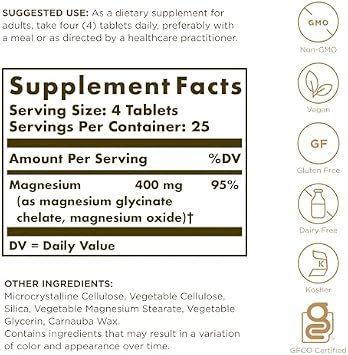 Solgar Chelated Magnesium - 100 Tablets - Supports Nerve & Muscle Function - Non-GMO, Vegan, Gluten Free, Dairy Free, Kosher - 25 Servings