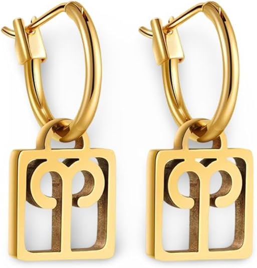 Punk Gold Color Square 12 Zodiac Signs Hollow Constellation Symbol Dangle Earrings Stainless Steel Hoops Ear Buckle Aros