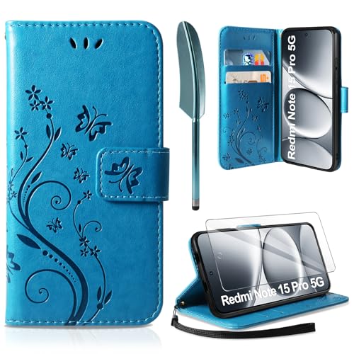 AROYI Lederhülle Kompatibel mit Xiaomi Redmi Note 15 Pro 5G (Nicht für 4G) Hülle & Schutzfolie, Flip Wallet Handyhülle PU Leder Hülle Schutzhülle Kompatibel mit Xiaomi Redmi Note 15 Pro 5G Blau