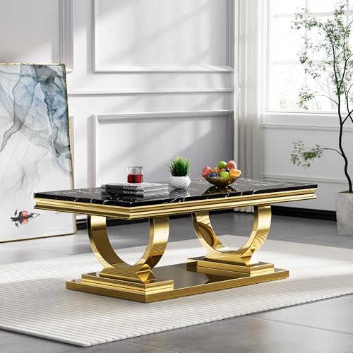 Henf Black Marble Coffee Table Luxury Faux Marble Center Table with Gold Mirrored Stainless Steel Base, Rectangular Elegant Cocktail Coffee Table for Living Room Office