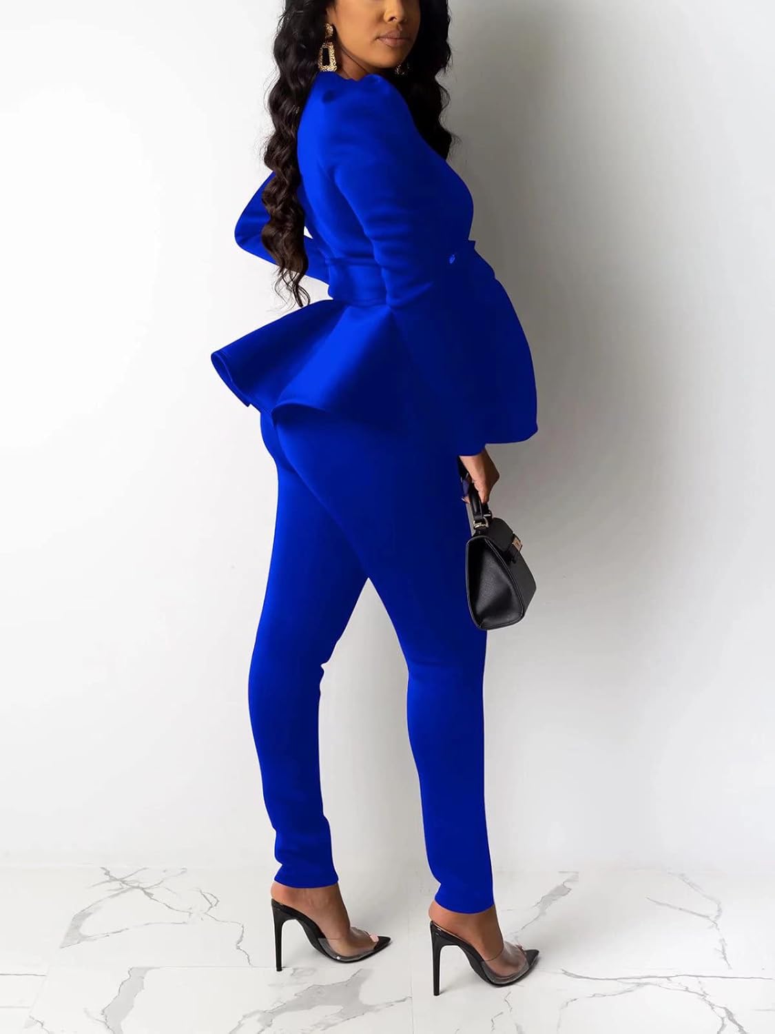 Remelon 2 Piece Outfits for Women Blazer with Pants Deep V Long Sleeve Slim Fit Ruffle Pelplum Business Suit - Image 2