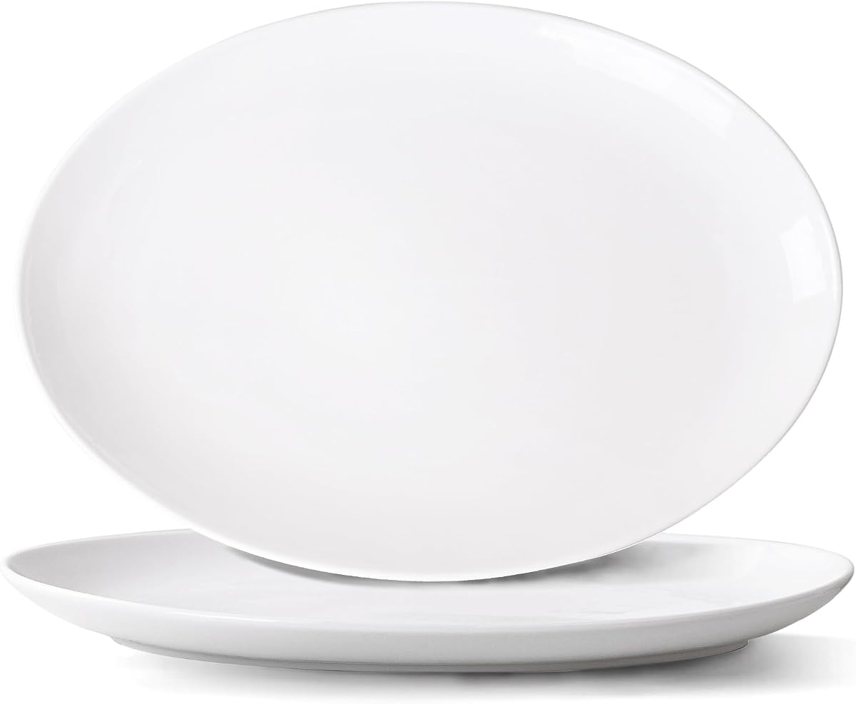 Juego de 2 platos blancos para servir, platos ovalados de porcelana de 14.0 in, platos para servir para fiestas, entretenimiento, aperitivos, queso, postre y exhibición de alimentos