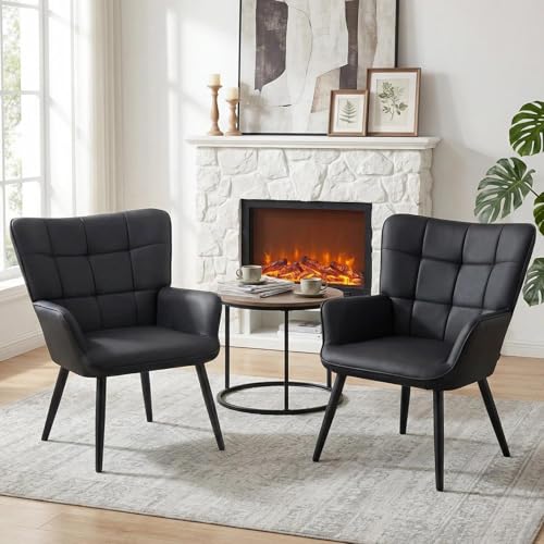 Ckaff 2er Set Ohrensessel Sessel Wohnzimmer, Skandinavischer Stil Ohrensessel aus PU-Kunstleder, Schminktisch Stuhl Esszimmerstuhl, Loungesessel Polstersessel fürs Wohnzimmer Schlafzimmer, Schwarz