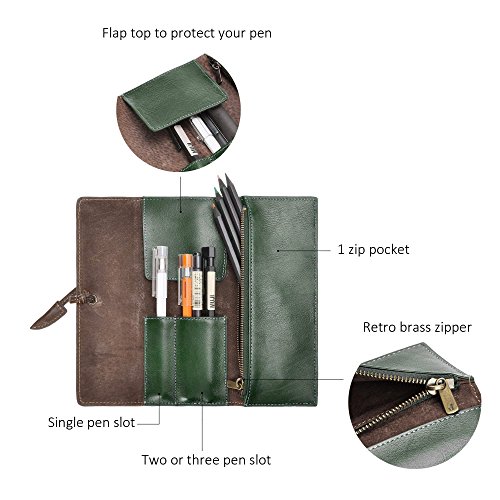 Image of ZLYC Handmade Leather Pencil Case Soft Roll Bag Stationery Gift,Green | multi slot pen storage design,school class daily use,office desk organizer,graduation holiday gift,foldable portable size