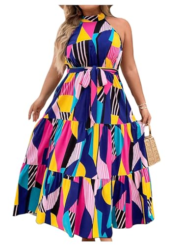 Image of Floerns Women's Plus Size Boho Sleeveless Halter Neck Tie Back A Line Long Dress
