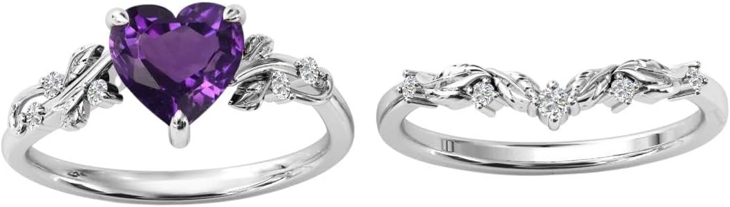 Art Deco Heart Shaped Purple Amethyst Natural Gemstone Ring, 2pcs Bridal Ring 925 Sterling Silver Ring For Her