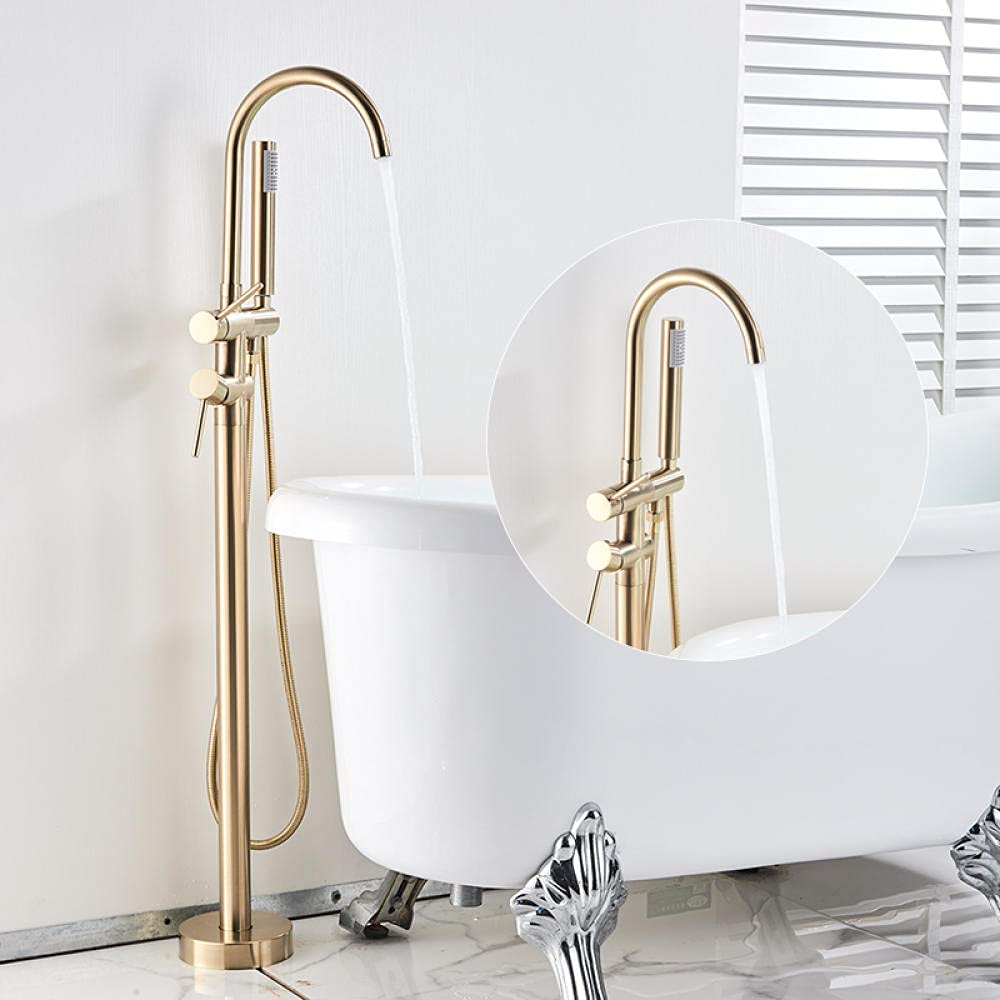 ASerZenith Floor Mounted Tub Sink Faucet Single Handle Bathroom Bath Shower Set Free Standing Bathtub Mixer Tap with Handshower(Brushed Gold)