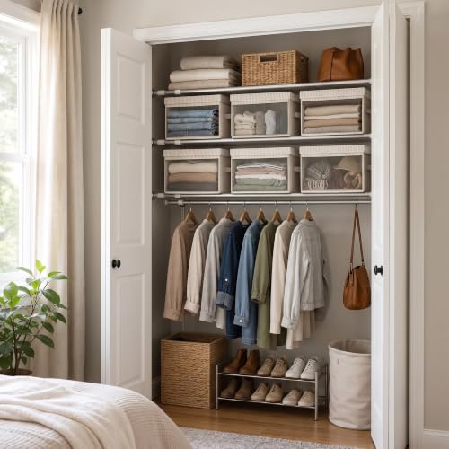 Image of StorageWorks Fabric Storage Bins with Lids, Large Closet Storage Bins | Flip-Top Lid, Clear Window, Handles, Collapsible, for Clothes Blankets Books, Closet Box, Khaki and Beige Stripes, 2-Pack
