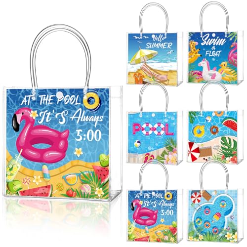Image of Teenyyou 24 Pcs Pool Party Favor Bags Summer Pool Beach Theme Designs Clear Gift Bags Reusable PVC Tote Container with Handles for Baby Shower, Bridal Shower, Wedding, Birthday Party Supplies