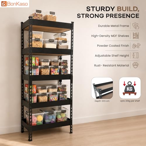 Image of Bonkaso 5 Tier Adjustable Boltless Metal Storage Rack for Home, Garage, Office & Shop | Heavy Duty Rust-Resistant Shelving Unit with MDF Wooden Shelves | Utility Display Stand, Black, (60x36x137 cm)