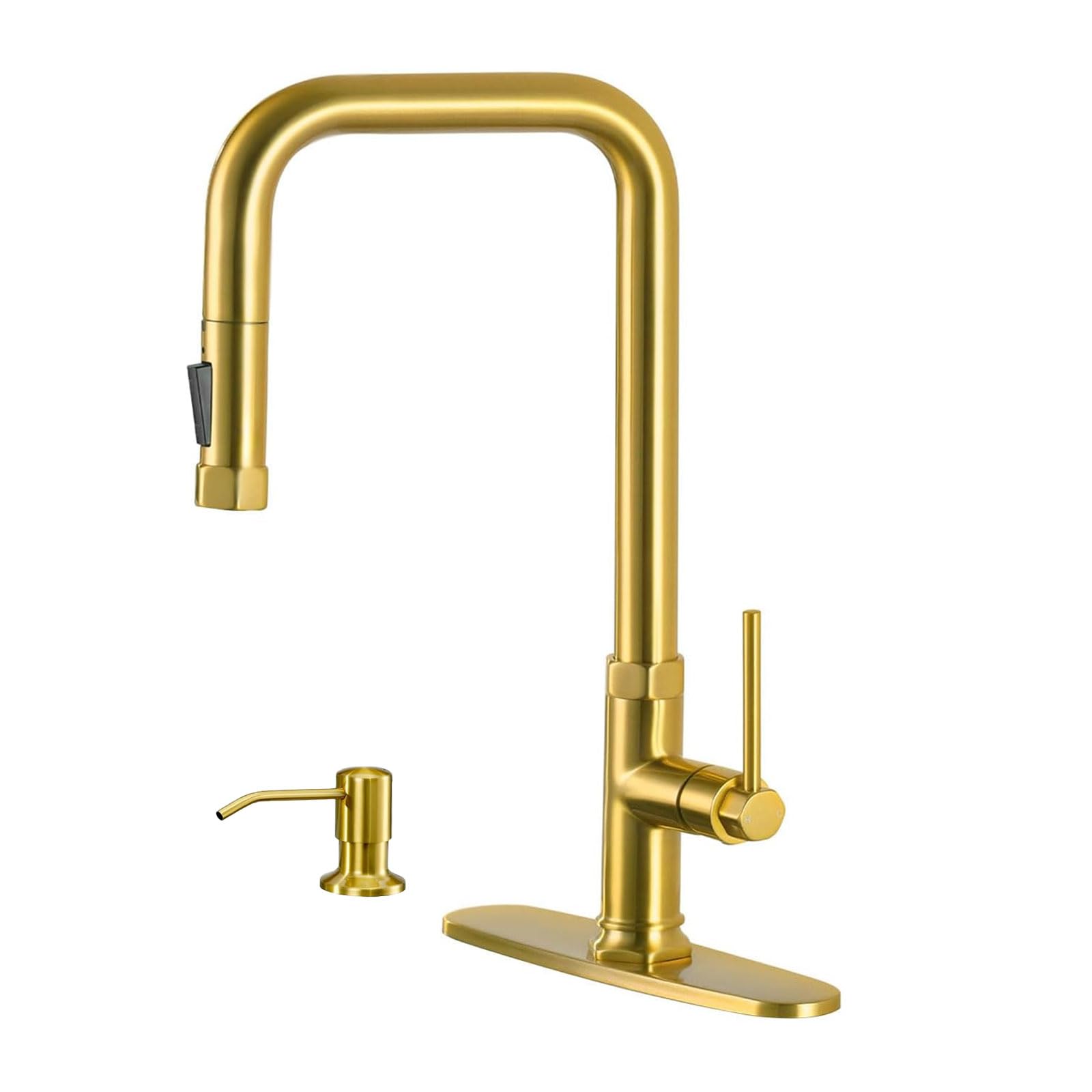 Rubinetti da cucina in oro spazzolato con spruzzatore estraibile e distributore di sapone, rubinetto da cucina estraibile in ottone massiccio a maniglia singola e dispenser di sapone in acciaio