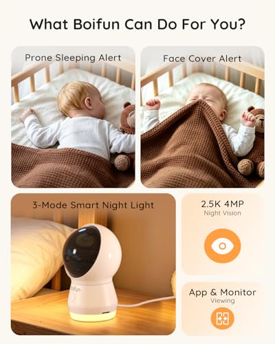 Image of BOIFUN 5.5 inch AI 4MP Baby Monitor Pro Max: App (Wi-FI) and Monitor (No Wi-FI) Control, Upgrade AI Detection (Tummy Sleeping & Face Area), Colorful Night Light, 360 Camera, Motion & Sound Detection