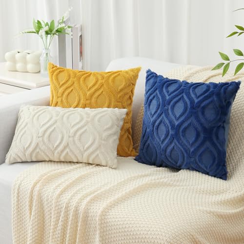 Image of decorUhome Fall Throw Pillow Covers 12x20 Inch Set of 2, Soft Plush Faux Wool Dark Blue Solid Couch Pillow Covers, Accent Farmhouse Neutral Rectangle Pillow Cases for Sofa Bed Living Room