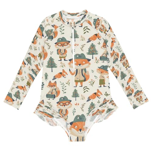 Explorer Cute Fox Girls Long Sleeve Swimsuits One Piece Zipper Bathing Suit UPF 50+ Rashguard Swimwear