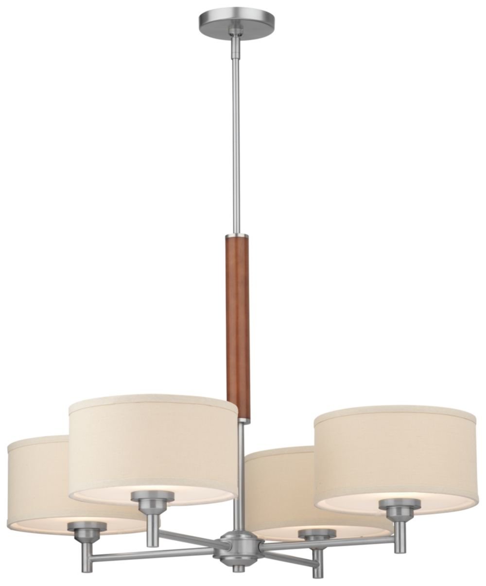 Forecast Lighting F1300-36 Embarcadero Four-Light Chandelier with Vanilla Fabric Shades and Etched White Diffuser, Satin Nickel with Wood Accents