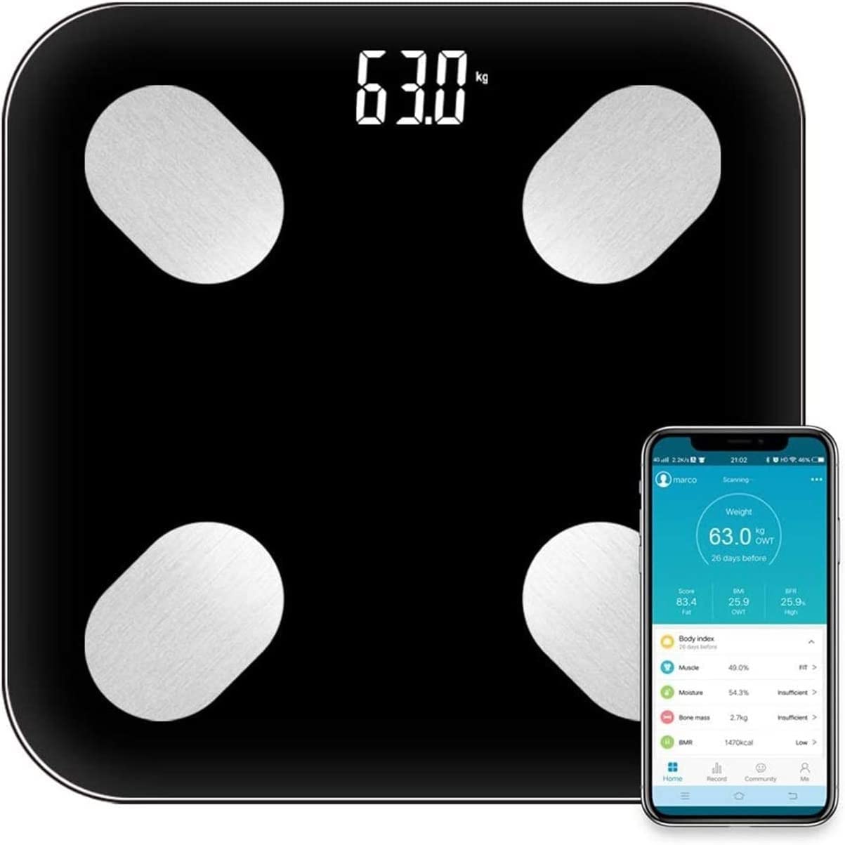 Scala del peso corporeo digitale, scala wireless ad alta precisione con app for smartphone, peso del bagno graduale intelligente e BMI Scala, più utenti, vetro temperato robusto, 400 libbre/180