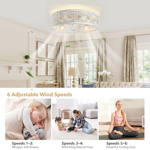 Image of Garwarm 20 inch Ceiling Fans with Lights,Flush Mount Vintage Farmhouse Rustic Crystal Fandelier,Low Profile Farmhouse Caged Ceiling Fan with Light and Remote for Bedroom,Kitchen,Indoor
