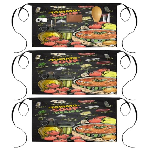 Lot de 3 tabliers courts de chef avec 3 poches pour cuisine et bistrot