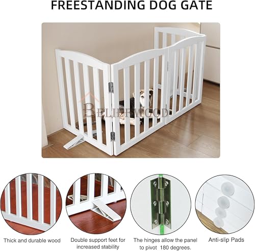 Image of Freestanding Pet Gate, Folding Safety Fence Wooden Kids & Dog Gate with 2PCS Support Feet Ideal for Stairs, Doorways, Halls, Kitchens, Indoors Gates, 24 inch(60 Cm), White (4 Panel)