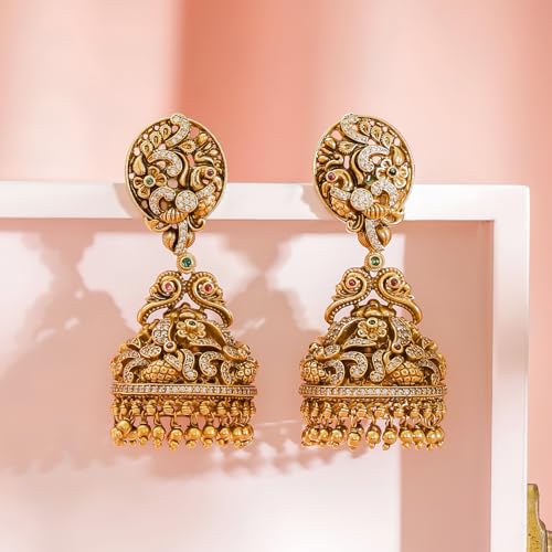 Image of Rubans Gold-Plated Jhumka Earrings for Women & Girls | Jhumki Traditional Wedding Fashion Ethnic Designer Jewellery Statement Gift