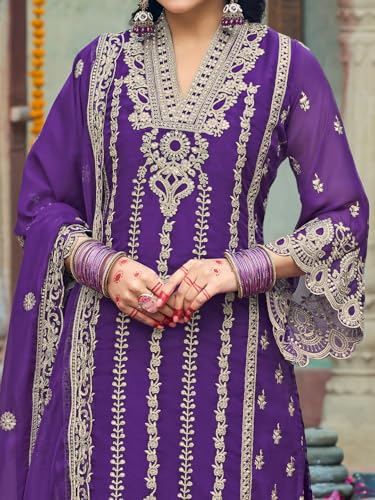 Image of INDO ERA Women's Organza Embroidered Straight Kurta and Pant with Dupatta Set (IEOUT10610)