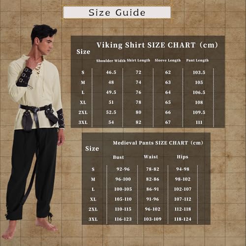 MVFEUIJ Mittelalter Herren Renaissance Kostüm Set, Viking Kostüm Schnürhemd Herren Hose mit Zubehör, Halloween-Kostüm für Cosplay, Zauberer, Maskerade (Schwarze Hosen, XL)