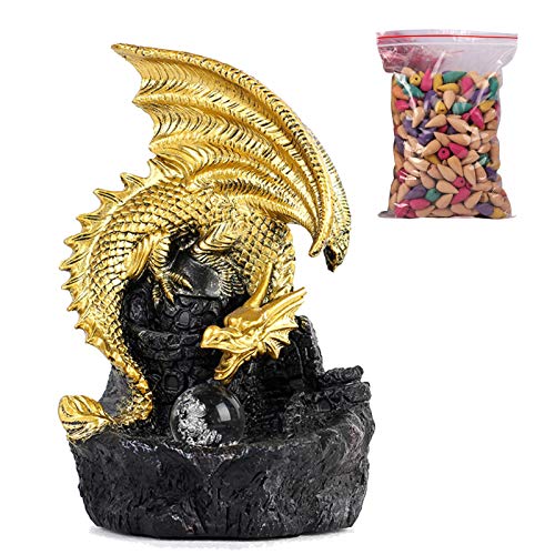 Quemador de Incienso de Reflujo, Cascada, Resina Dragón, Soporte para Incienso Sahumerio con 50 Conos de Incienso y Luz LED, Cascada, Decoración del Hogar, para Meditación, Yoga