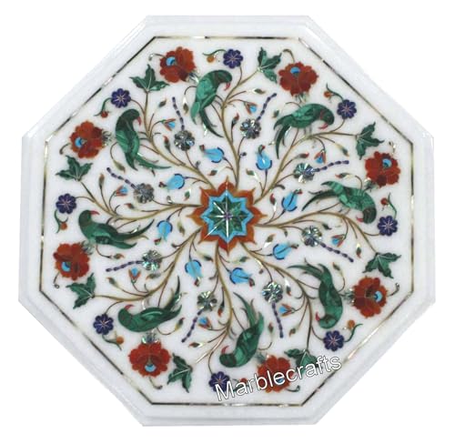 Table basse en marbre blanc extérieure carrée 35cm décor pelouse