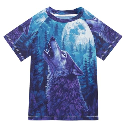 Boys Short Sleeve T-Shirts Wolf Lunar Portrait Rashguard Kids Swim Shirts Sun UPF 50+
