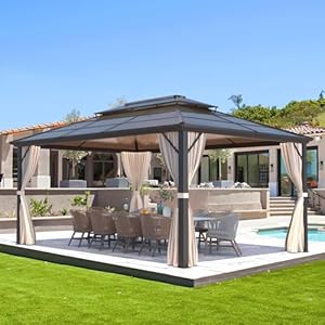 EROMMY 10 x 13 Gazebo Polycarbonate Double Roof Canopy Outdoor Aluminum Frame Pergola Permanent Pavilion with Netting and Curtains for Garden Patio Lawns Parties