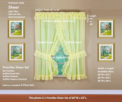 Image of Today's Curtain, Emelia Priscilla Sheer Pair 60 inch W x 63 inch L, Yellow, 5-Piece-Set