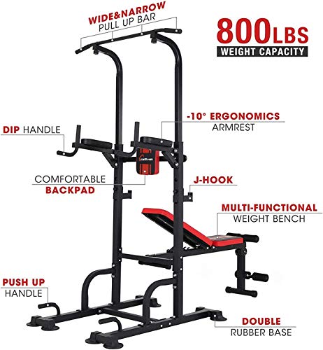 ER KANG Power Tower Dip Station, 850lbs Weight Capacity Workout Station with Dip Stands, Pull Up Chin Up Tower, Adjustable Weight/Sit-Up Bench for Strength Training, Home Gym(2021 Version)
