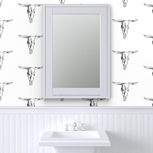 Vista 9 de Papel tapiz autoadhesivo de 12 x 2 pies, diseño de calavera de vaca, negro, blanco, vaquero occidental, rústico, extraíble, por Spoonflower