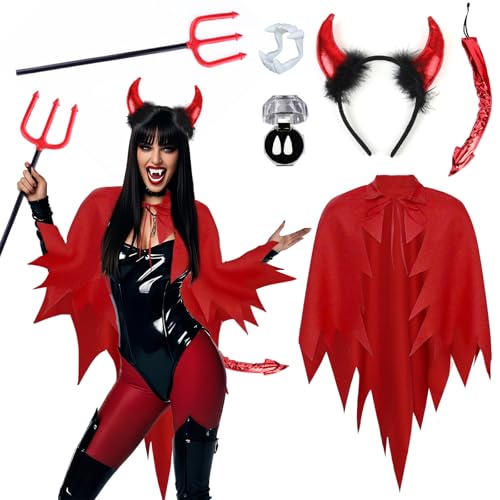 Carreuty 6 Stück Teufel Kostüm für Damen, 142 cm Rot Vampir Teufel-Umhang mit Teufelshörner Zauberstab 2 Zahnersatz Teufelkostüm Accessoires für...